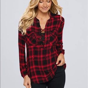 Venus Red White Buffalo Check Tunic Sz M